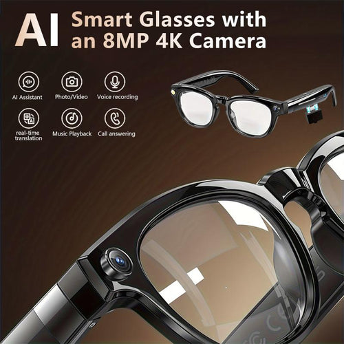 AI Smart Glasses with 8MP HD Camera,4K Photos, 1080P Video Recording , Real Time Translation, Voice Assistant,Free Light-Blocking Sticker. for Travel, Meetings & Vlogging, Bluetooth Eyewear with Voice Assistant and Photochromic Lenses ,Touch Adjustment,