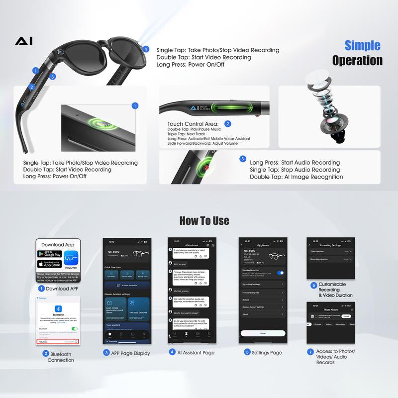 AI Smart Glasses with 8MP HD Camera,4K Photos, 1080P Video Recording , Real Time Translation, Voice Assistant,Free Light-Blocking Sticker. for Travel, Meetings & Vlogging, Bluetooth Eyewear with Voice Assistant and Photochromic Lenses ,Touch Adjustment,