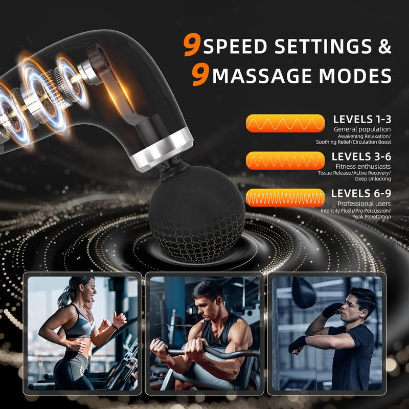 【Ultimate Deep Tissue Pain Relief】 Handheld Massage Gun with 9 Intensity Modes, 4 Interchangeable Heads, Quiet Brushless Motor & Extended Handle – Rechargeable Body Massager for Back, Neck, Shoulders, Legs & Everyday Relaxation Gift Idea Daily