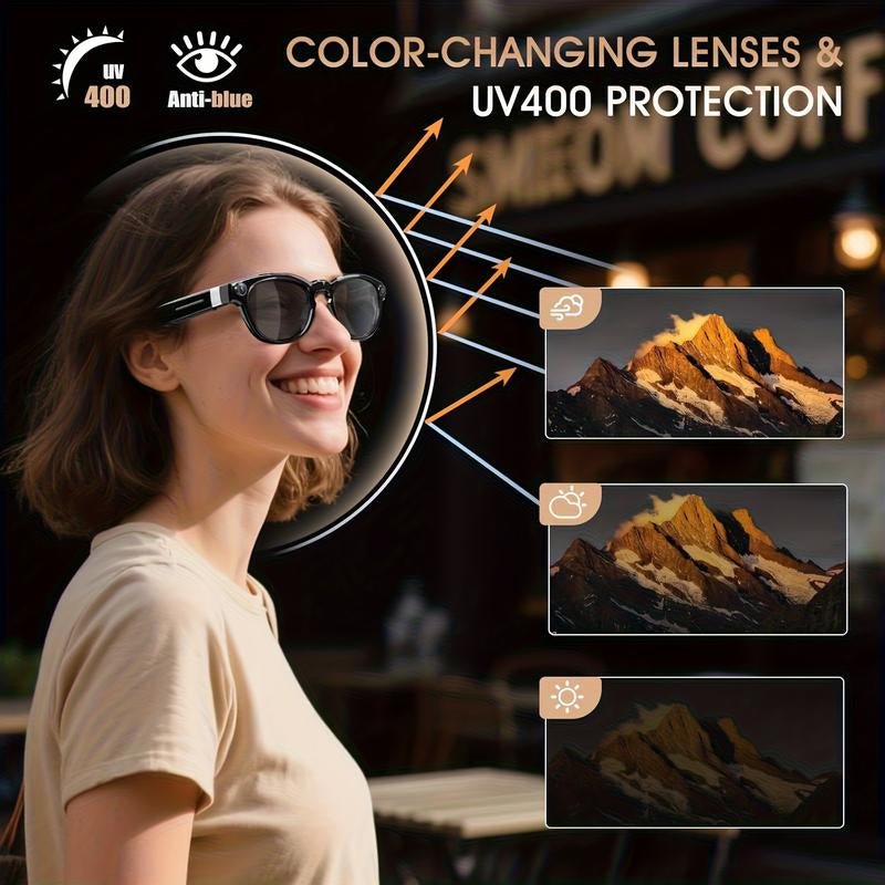 AI Smart Glasses with 8MP HD Camera,4K Photos, 1080P Video Recording , Real Time Translation, Voice Assistant,Free Light-Blocking Sticker. for Travel, Meetings & Vlogging, Bluetooth Eyewear with Voice Assistant and Photochromic Lenses ,Touch Adjustment,