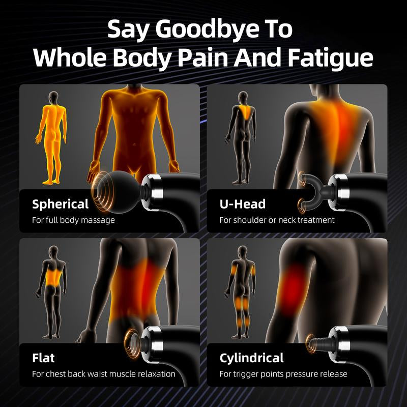 【Ultimate Deep Tissue Pain Relief】 Handheld Massage Gun with 9 Intensity Modes, 4 Interchangeable Heads, Quiet Brushless Motor & Extended Handle – Rechargeable Body Massager for Back, Neck, Shoulders, Legs & Everyday Relaxation Gift Idea Daily