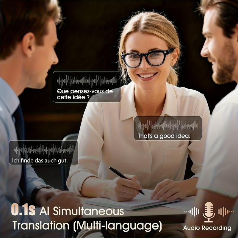 AI Smart Glasses with 8MP HD Camera,4K Photos, 1080P Video Recording , Real Time Translation, Voice Assistant,Free Light-Blocking Sticker. for Travel, Meetings & Vlogging, Bluetooth Eyewear with Voice Assistant and Photochromic Lenses ,Touch Adjustment,